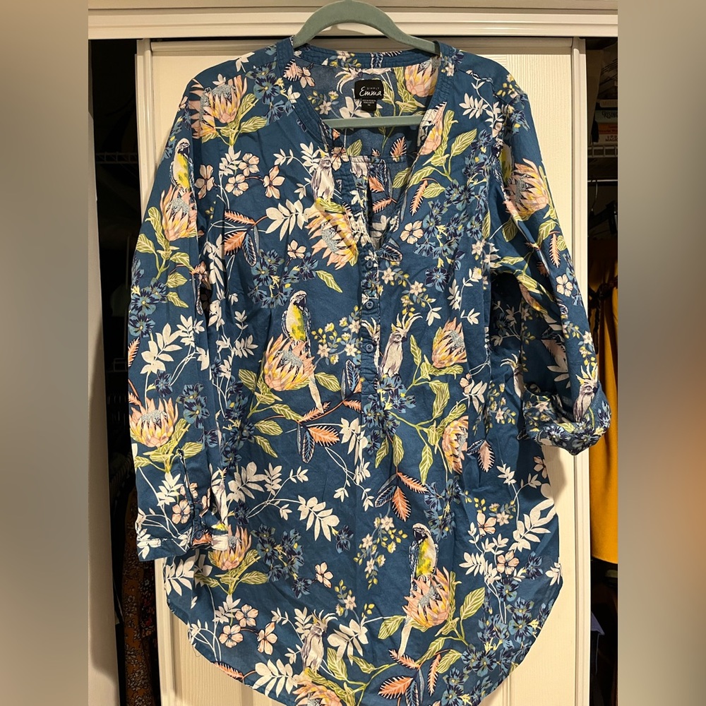 Simply Emma 1X long sleeve blouse, tunic with birds & flowers